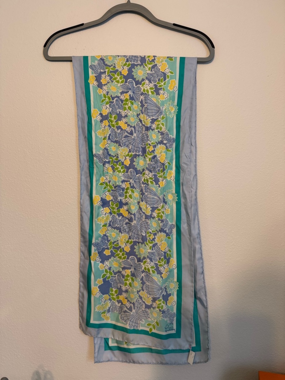 Lilly Pulitzer Floral Butterfly Silk Scarf in Blue, Green, Yellow